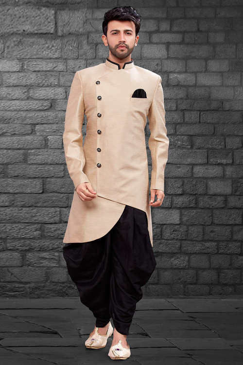 Art Silk Light Beige Men Sherwani With Dhoti