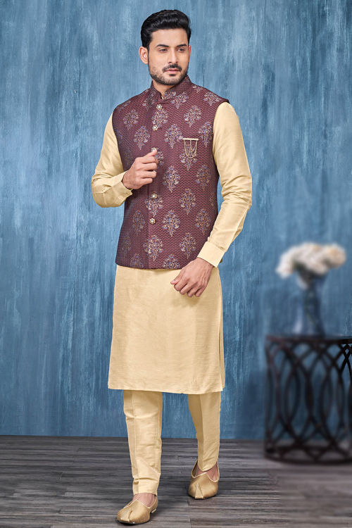 Art Silk Light Beige Plain Jacket Style Men's Kurta Pajama 