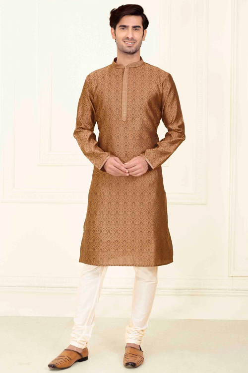 Art Silk Copper Brown Kurta with Cream Churidar Pant