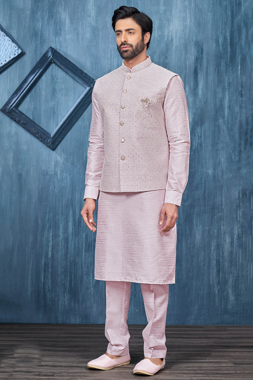 Art Silk Light Mauve Plain Jacket Style Men's Kurta Pajama