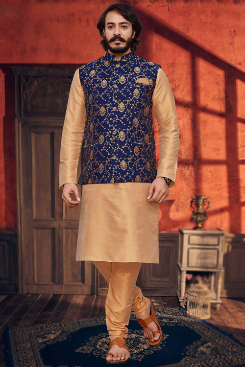 Light Orange Kurta Churidar with Navy Blue Jacquard Nehru Jacket