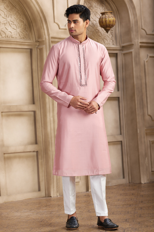 Art Silk Light Pink Embroidered Men's Straight Cut Kurta Pajama