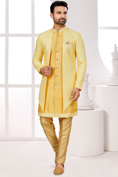 Art Silk Light Yellow Embroidered Jacket Style Men's Sherwani