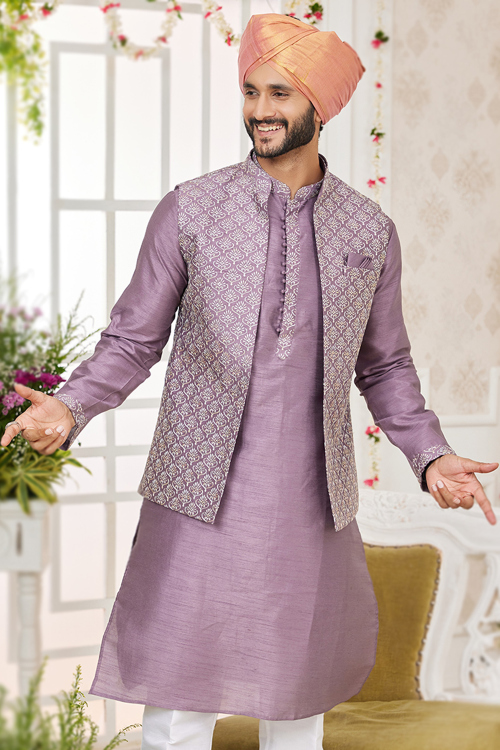 Art Silk Mauve Pink Embroidered Men's Nehru Jacket