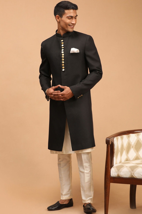 Art Silk Men's Jacket Style Cream Beige Kurta Pajama For Festival 