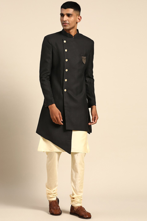 Art Silk Men's Jacket Style Cream Plain Kurta Churidar