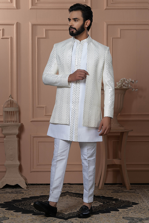 Art Silk Men's White Embroidered Sherwani With Jacket