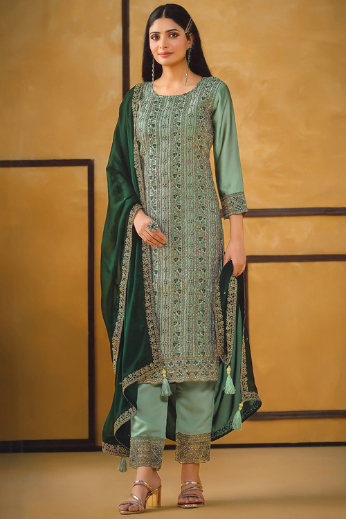 Art Silk Mint Green Straight Cut Trouser Suit With Dori Work