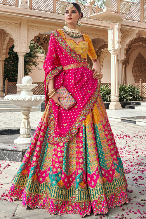 Art Silk Mustard Yellow A Line Lehenga With Weaved Work