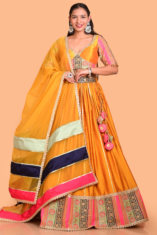 Art Silk Mustard Yellow Embroidered Flared Style Lehenga