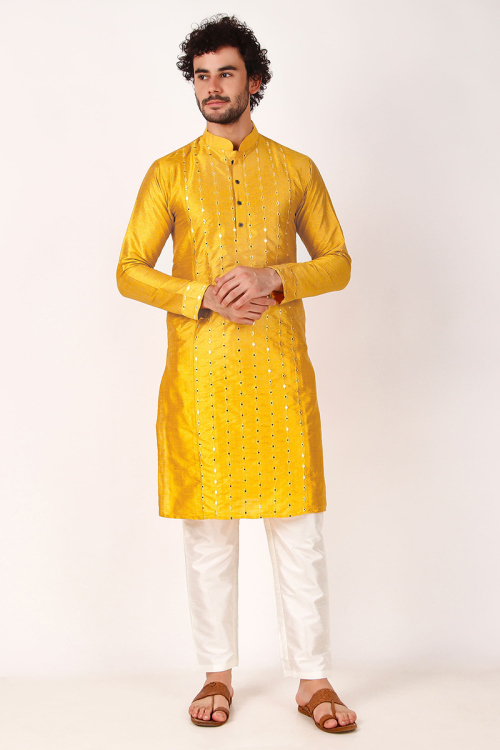 Art Silk Mustard Yellow Embroidered Straight Cut Men's Kurta Pajama