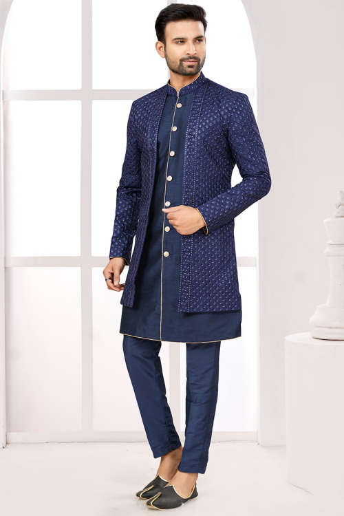 Men’s Jacket Style Sherwani in Navy Art Silk with Zari Work