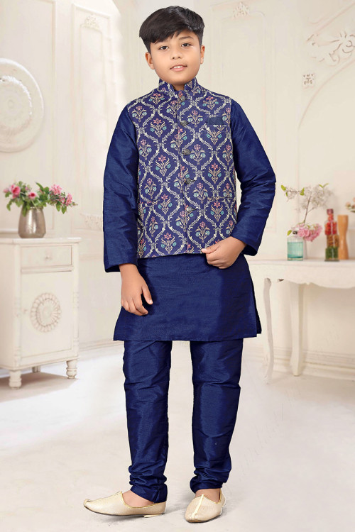 Art Silk Navy Blue Jacket Style Boy's Kurta With Churidar