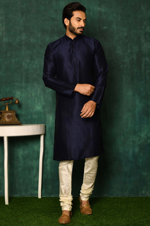 Art Silk Navy Blue Men's Churidar Kurta