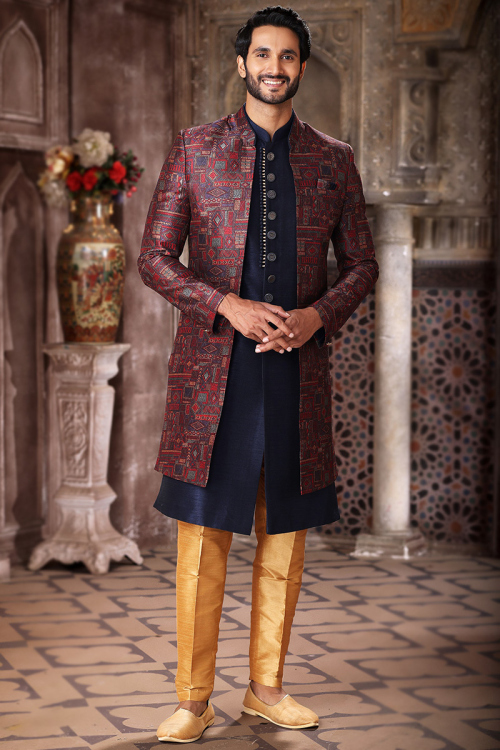 Art Silk Navy Blue Plain Jacket Style Men's Sherwani 