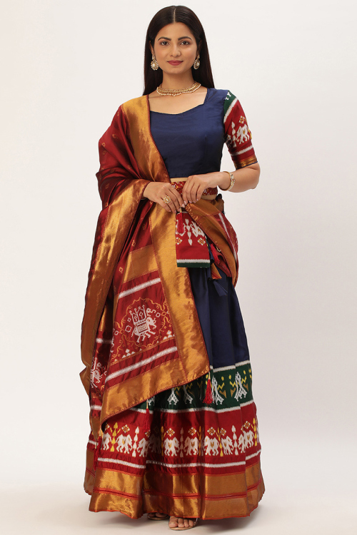 Art Silk Navy Blue Printed A Line Lehenga
