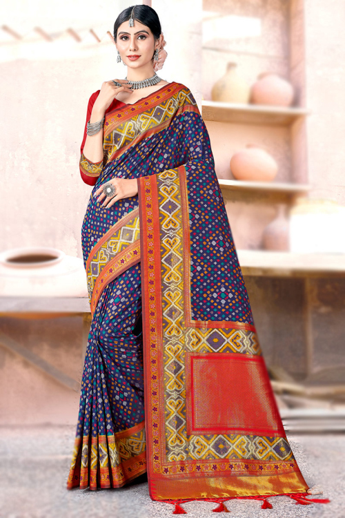 Art Silk Navy Blue Zari Weaved Ikat Saree