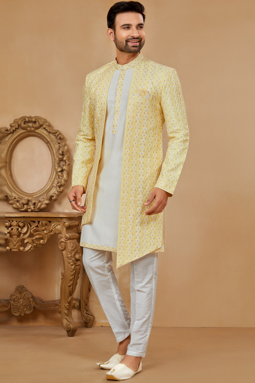 Art Silk Off-White Embroidered Jacket Style Mens Kurta Pajama Set