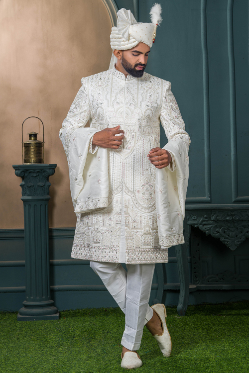 Art Silk Off White Embroidered Men's Sherwani For Wedding