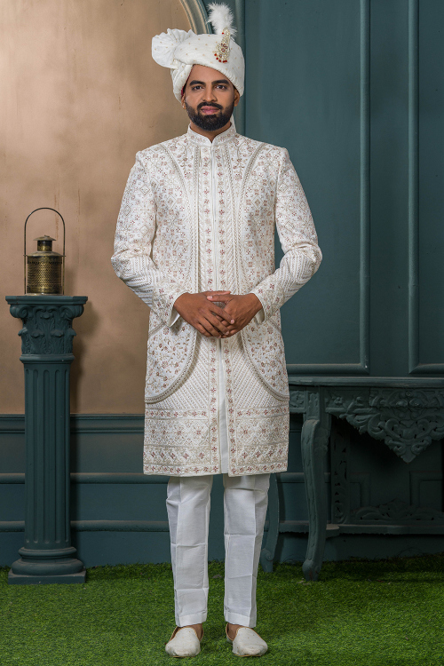 Art Silk Off White Embroidered Men's Sherwani For Wedding