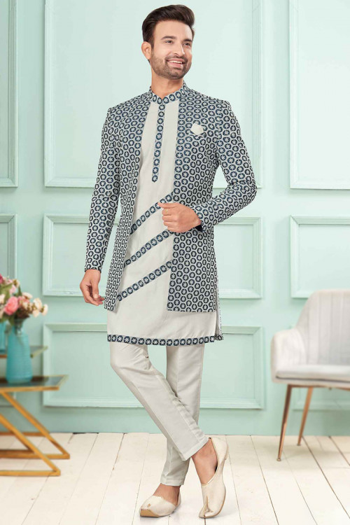 Art Silk Off-White Men's Jacket Style Kurta Pajama With Lace 