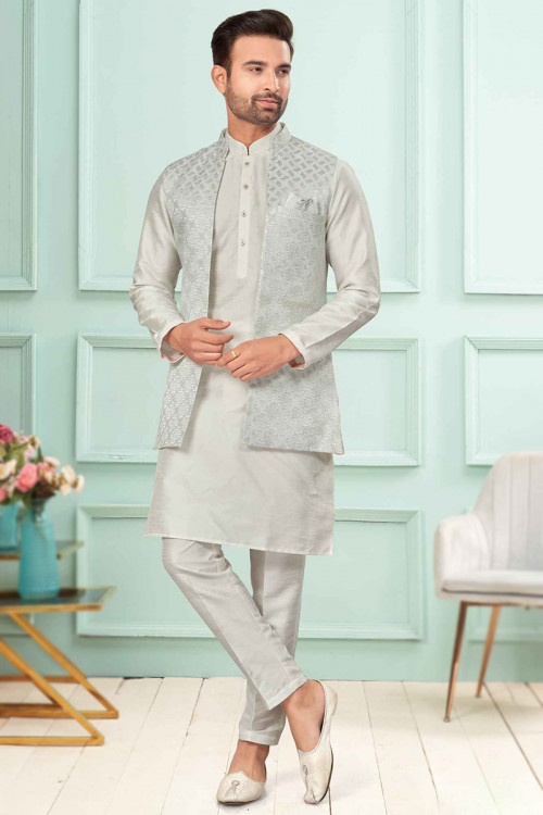 Art Silk Off-White Men's Plain Kurta Pajama With Jacket Style 