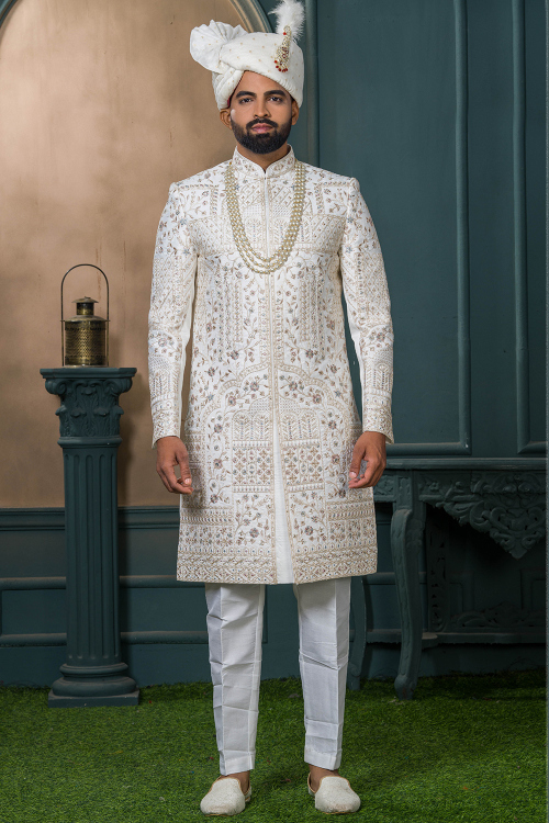 Art Silk Off White Men's Sherwani With Stone Work For Wedding
