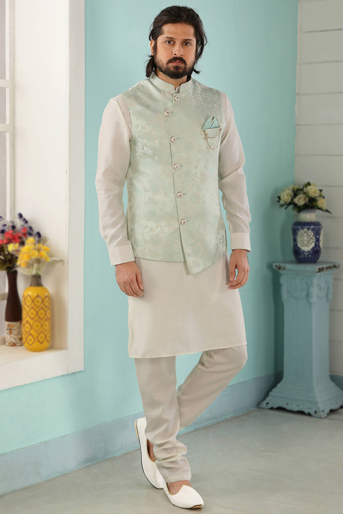 Art Silk Off White Plain Men's Kurta Churidar With Waistcoat