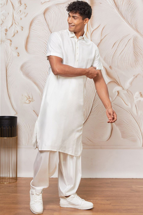 Art Silk Off White Plain Straight Cut Men's Kurta Paired with Salwar
