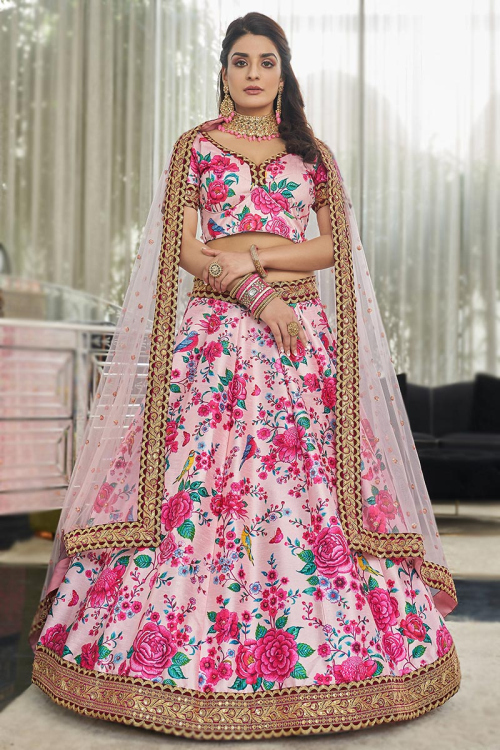 Art Silk Pale Pink Printed Panelled Style Lehenga
