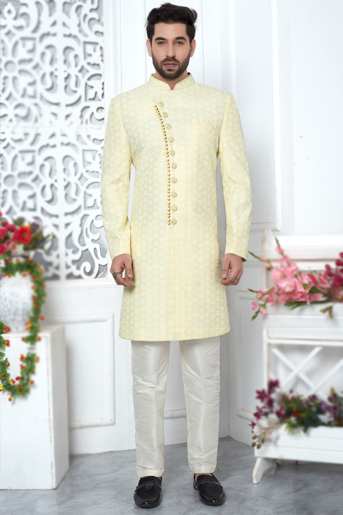 Art Silk Pale Yellow Embroidered Men's Sherwani