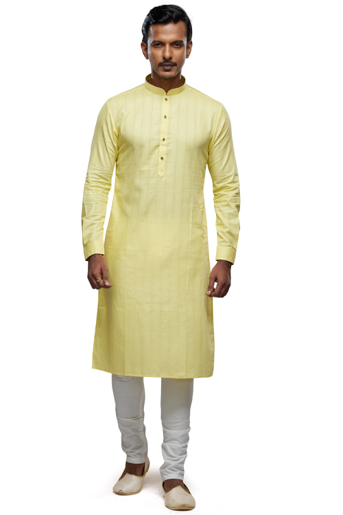 Art Silk Pale Yellow Weaved Thread Men's Kurta Churidar