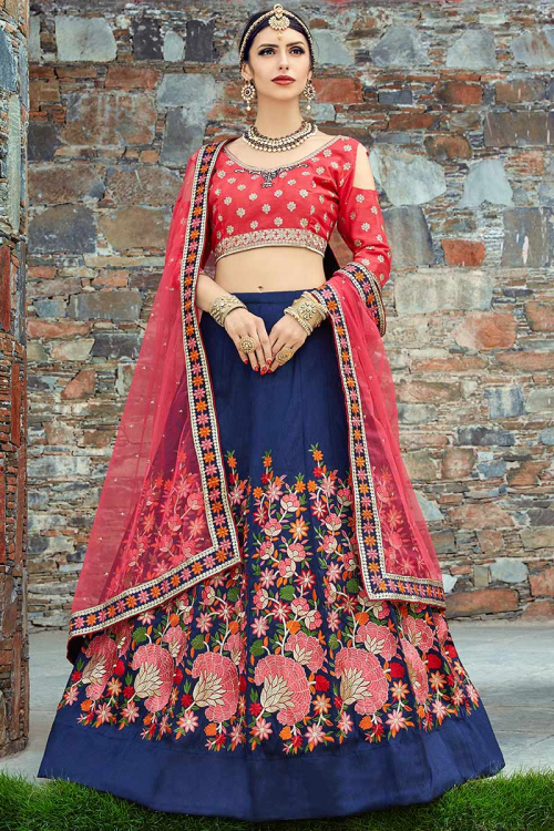 Art Silk Party Wear Lehenga Choli In Navy Blue Color