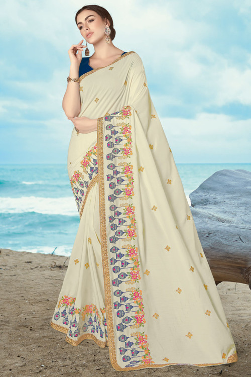 Art Silk Party Wear Saree In Off White Color