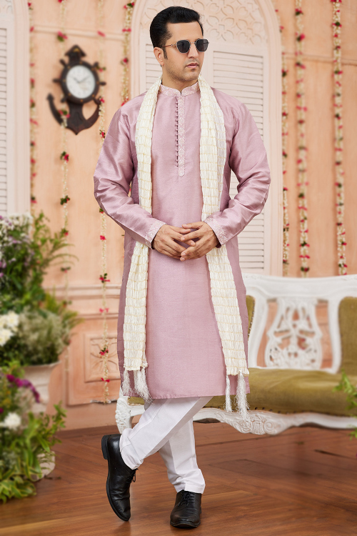 Art Silk Pastel Pink Art Silk Embroidered Straight Cut Men's Kurta Pajama