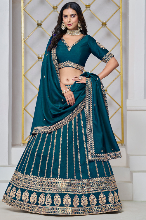 Art Silk Peacock Blue Resham Embroidered Panelled Style Lehenga