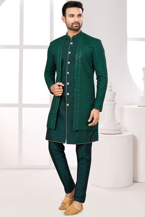 Art Silk Peacock Green Embroidered Jacket Style Men's Sherwani 