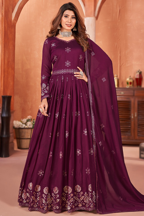 Art Silk Plum Purple Sequins Embroidered A Line Anarkali Suit 