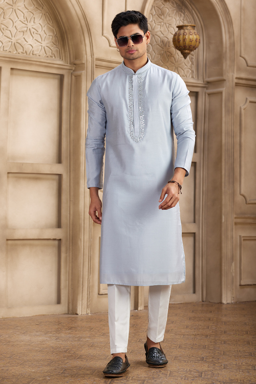 Art Silk Powder Blue Embroidered Men's Straight Cut Kurta Pajama