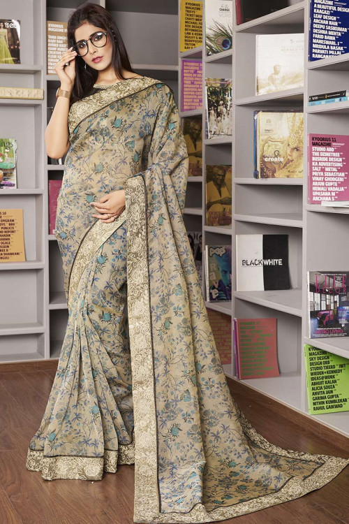 Art Silk Printed Saree In Beige Colour