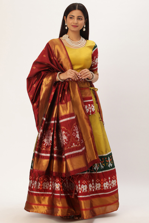 Art Silk Printed Trombone Yellow Flared Lehenga 