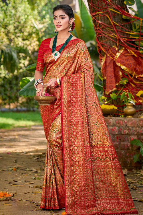 Art Silk Red Weaved Saree For Festival