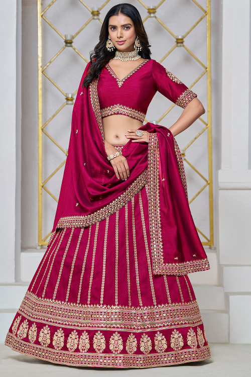 Art Silk Ruby Pink Resham Embroidered Panelled Style Lehenga