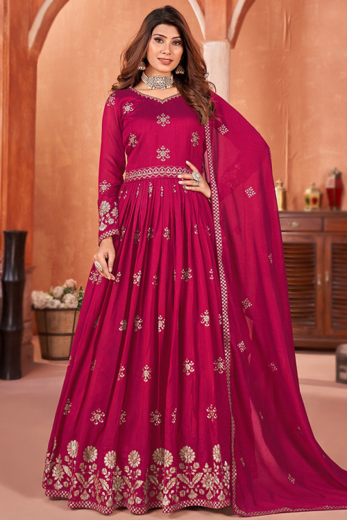 Art Silk Ruby Pink Sequins Embroidered A Line Anarkali Suit 