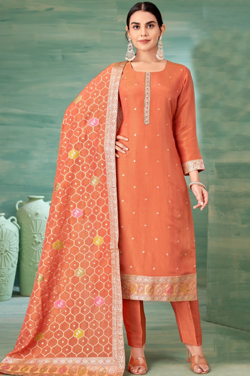 Art Silk Salmon Orange Trouser Suit With Weaved Work For Diwali