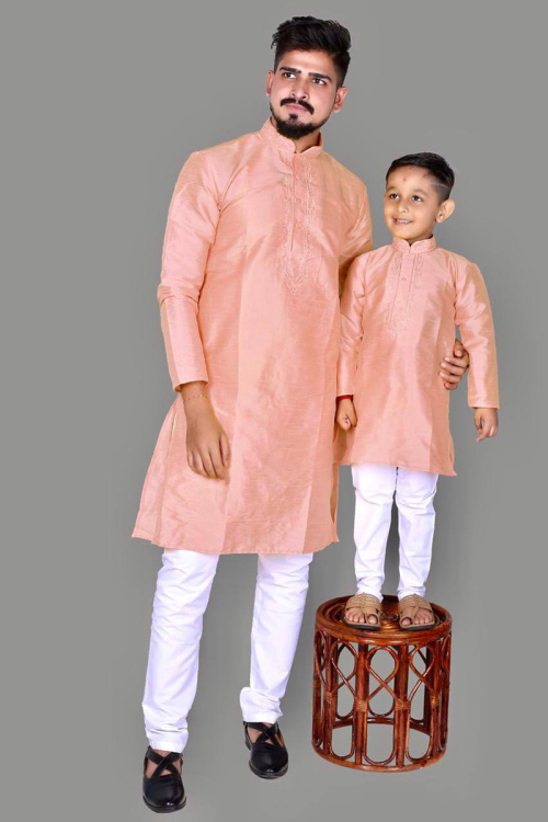 Art Silk Salmon Peach Embroidered Straight Cut Father Son Duo Kurta Pajama