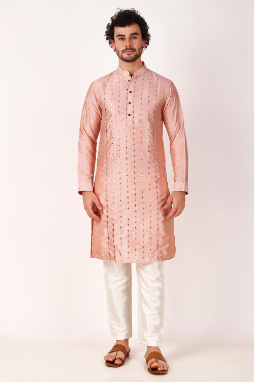 Art Silk Salmon Peach Embroidered Straight Cut Men's Kurta Pajama