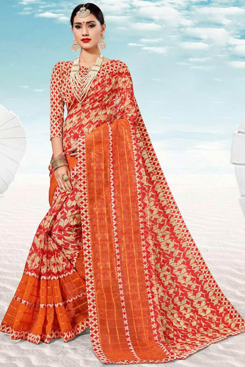 Art Silk Saree In Red And Cream Color