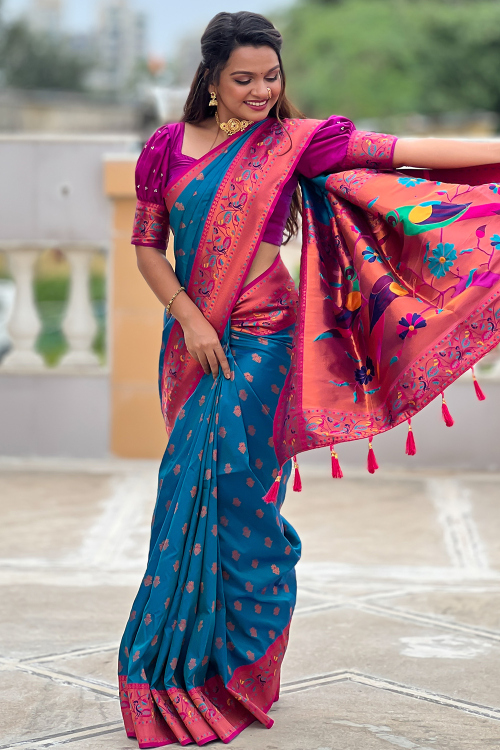 Art Silk Sea Blue Weaved Paithani Style Saree For Festival