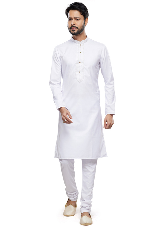 Art Silk Straight Cut White Men's Kurta Churidar